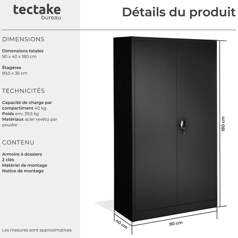 1 Armoire Métallique 4 Étagères Vérrouillable Noir