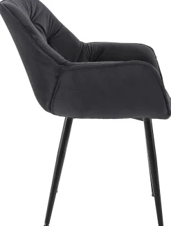 4 Chaises Velours Salle à Manger Tanna, Rétro avec Accoudoirs, Piètement Métal Noir, Boutons Décoratifs Chics Noir