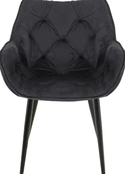 4 Chaises Velours Salle à Manger Tanna, Rétro avec Accoudoirs, Piètement Métal Noir, Boutons Décoratifs Chics Noir