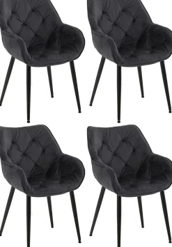 4 Chaises Velours Salle à Manger Tanna, Rétro avec Accoudoirs, Piètement Métal Noir, Boutons Décoratifs Chics Noir