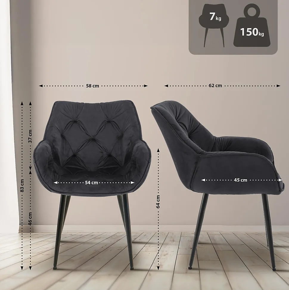 4 Chaises Velours Salle à Manger Tanna, Rétro avec Accoudoirs, Piètement Métal Noir, Boutons Décoratifs Chics Noir