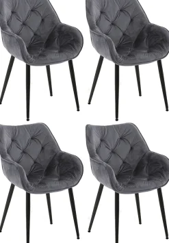 4 Chaises Velours Salle à Manger Tanna, Rétro avec Accoudoirs, Piètement Métal Noir, Boutons Décoratifs Chics Grisfoncé