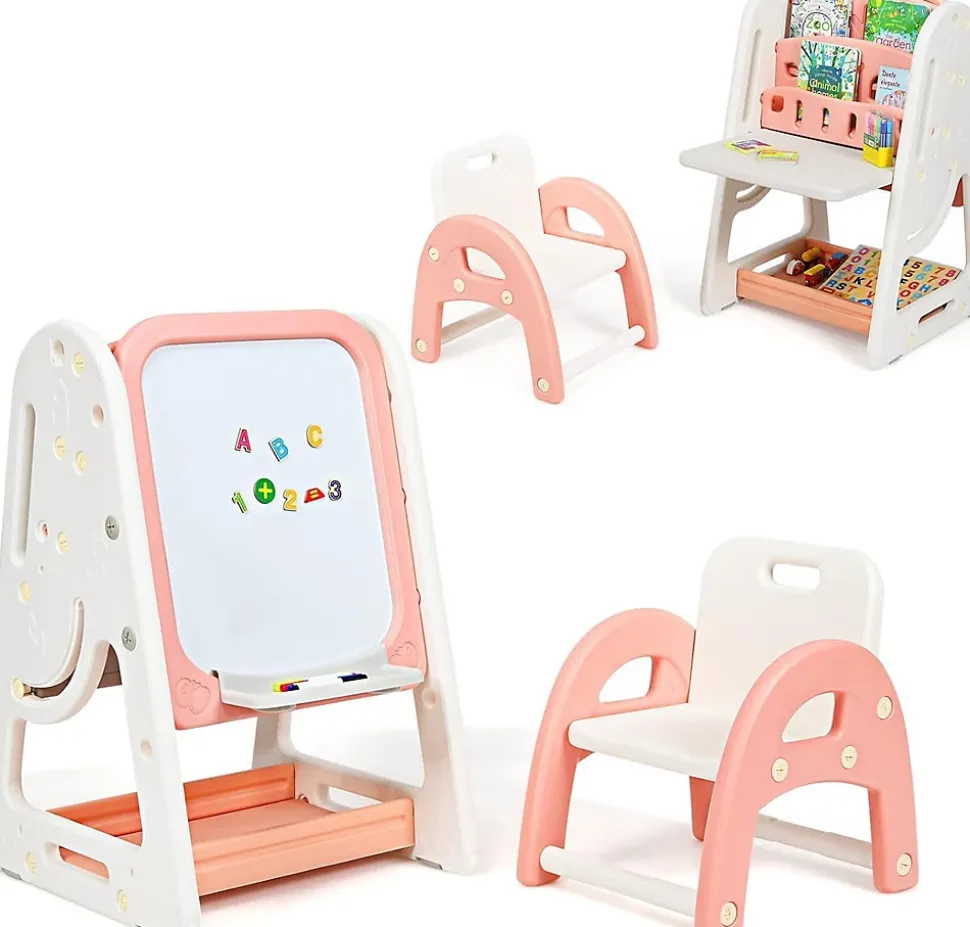 2 en 1 Chevalet Tableau Magnétique Enfant Double Face avec Bureau Pliable et Tabouret, Chevalet Réglable de 3 Niveaux (Orange)
