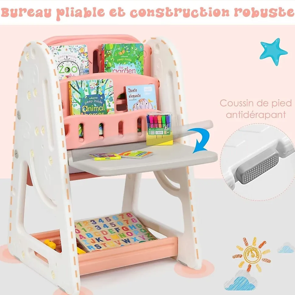 2 en 1 Chevalet Tableau Magnétique Enfant Double Face avec Bureau Pliable et Tabouret, Chevalet Réglable de 3 Niveaux (Orange)