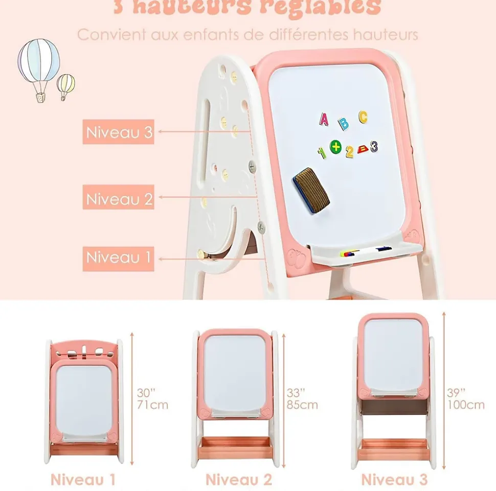 2 en 1 Chevalet Tableau Magnétique Enfant Double Face avec Bureau Pliable et Tabouret, Chevalet Réglable de 3 Niveaux (Orange)