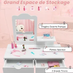 2 en 1 Coiffeuse avec Tabouret Table de Maquillage et Bureau avec Miroir Amovible 2 Tiroirs Étagère