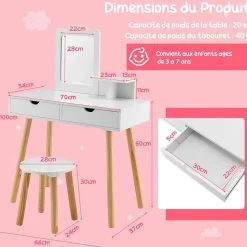 2 en 1 Coiffeuse avec Tabouret Table de Maquillage et Bureau avec Miroir Amovible 2 Tiroirs Étagère