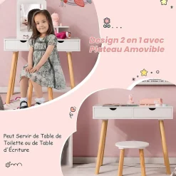2 en 1 Coiffeuse avec Tabouret Table de Maquillage et Bureau avec Miroir Amovible 2 Tiroirs Étagère