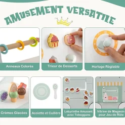 8 en 1 Trotteur Bébé en Bois, Chariot de Marche Bebe avec Accessoires Interactifs, Roues Antidérapantes, Vert
