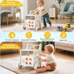 8 en 1 Trotteur Bébé en Bois, Chariot de Marche Bebe avec Accessoires Interactifs, Roues Antidérapantes, Vert