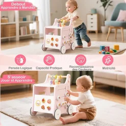8 en 1 Trotteur Bébé en Bois, Chariot de Marche Bebe avec Accessoires Interactifs, Roues Antidérapantes, Vert
