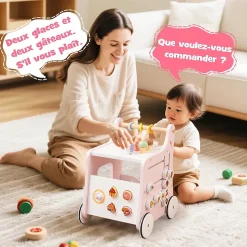 8 en 1 Trotteur Bébé en Bois, Chariot de Marche Bebe avec Accessoires Interactifs, Roues Antidérapantes, Vert