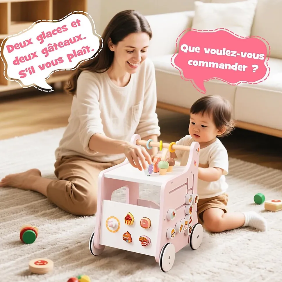 8 en 1 Trotteur Bébé en Bois, Chariot de Marche Bebe avec Accessoires Interactifs, Roues Antidérapantes, Vert