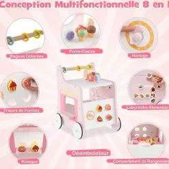 8 en 1 Trotteur Bébé en Bois, Chariot de Marche Bebe avec Accessoires Interactifs, Roues Antidérapantes, Vert