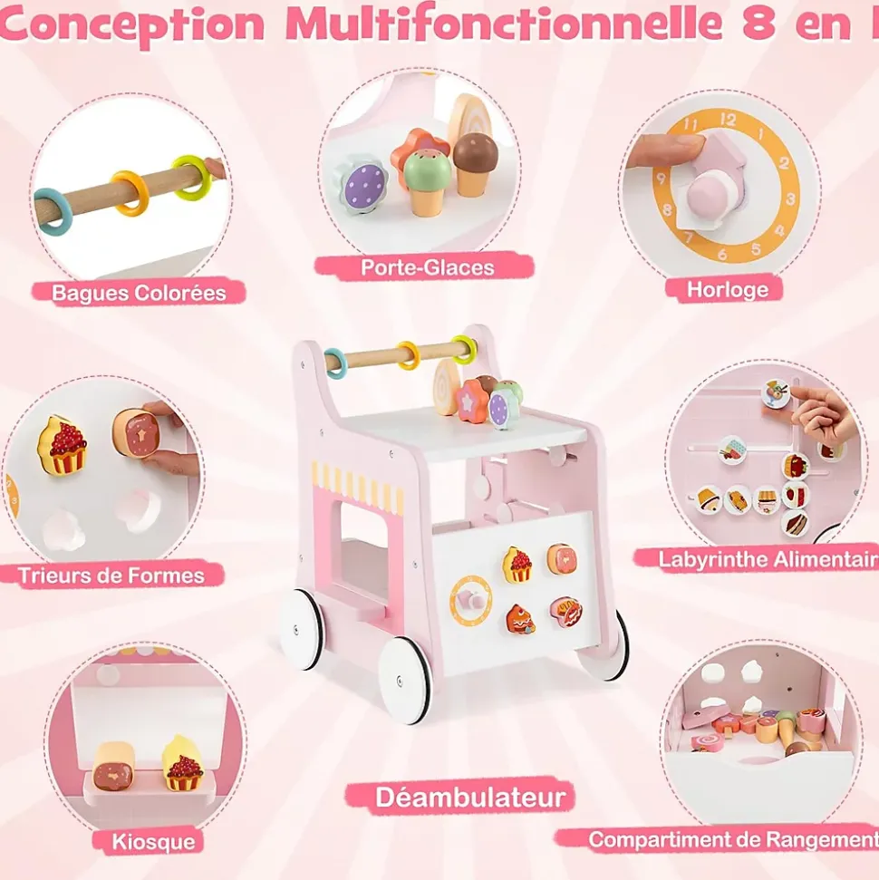 8 en 1 Trotteur Bébé en Bois, Chariot de Marche Bebe avec Accessoires Interactifs, Roues Antidérapantes, Vert