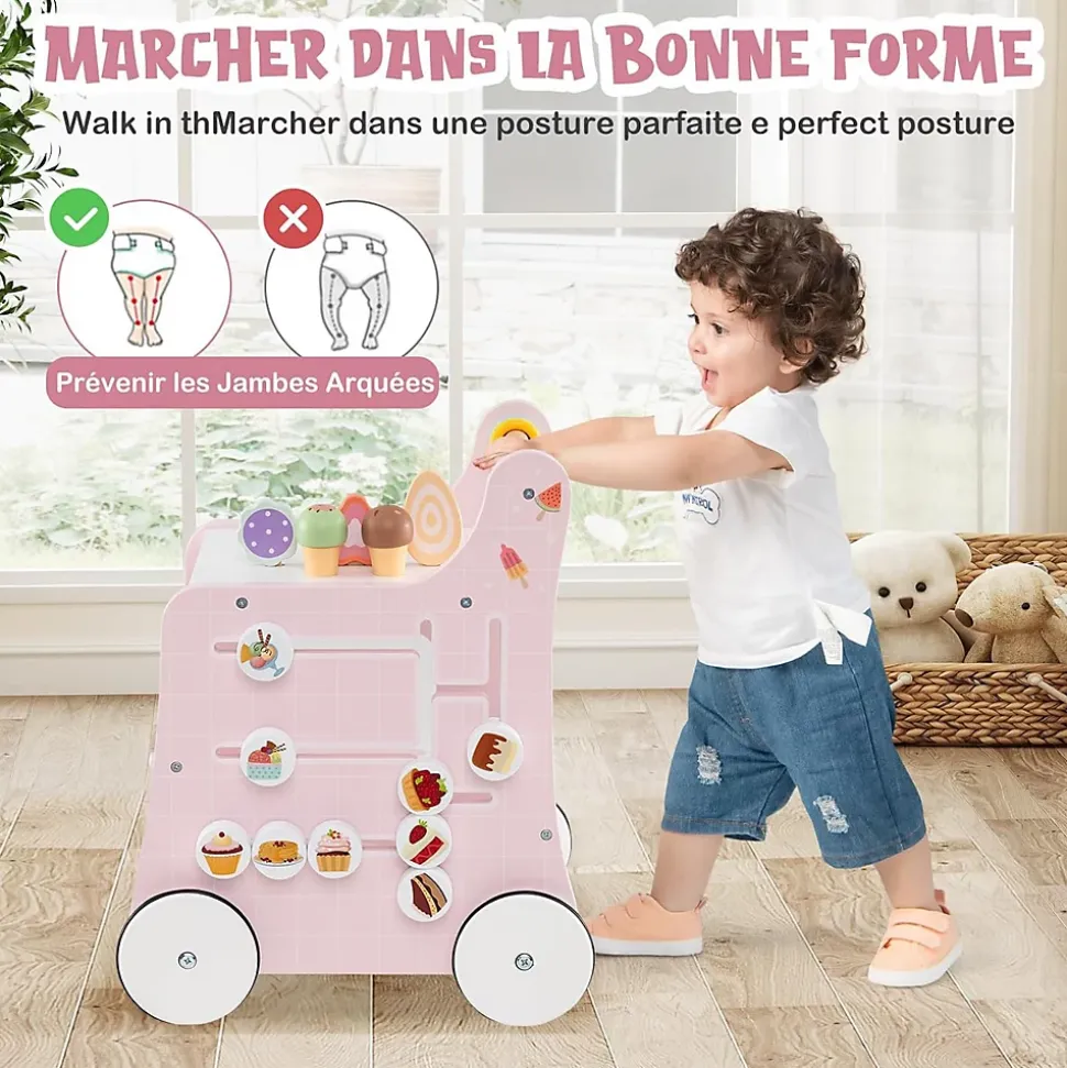 8 en 1 Trotteur Bébé en Bois, Chariot de Marche Bebe avec Accessoires Interactifs, Roues Antidérapantes, Vert