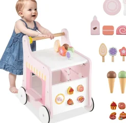 8 en 1 Trotteur Bébé en Bois, Chariot de Marche Bebe avec Accessoires Interactifs, Roues Antidérapantes, Vert