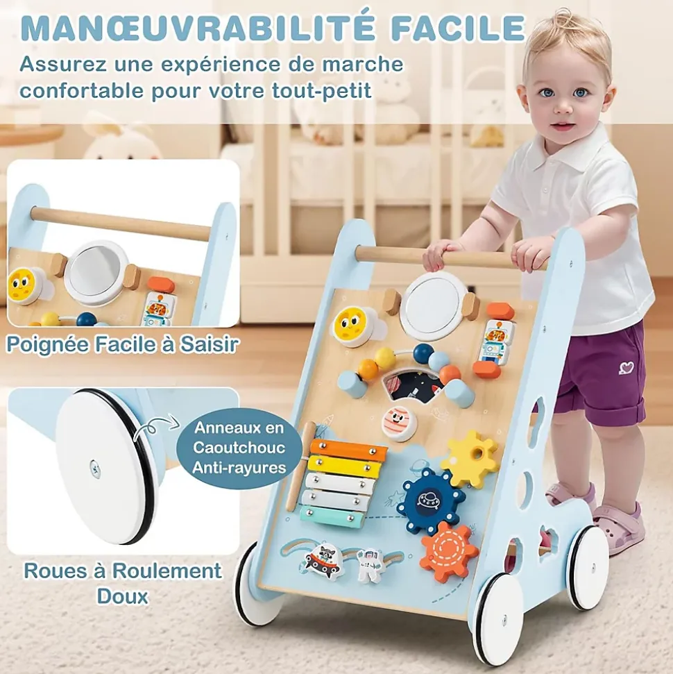 8 en 1 Trotteur Bébé Garçon Fille, Chariot de Marche Bebe Montessori avec Roues, Espace de Rangement, Bleu