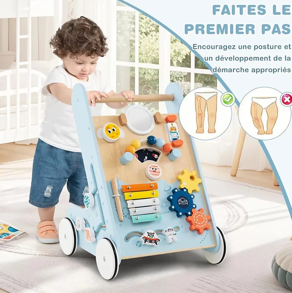 8 en 1 Trotteur Bébé Garçon Fille, Chariot de Marche Bebe Montessori avec Roues, Espace de Rangement, Bleu