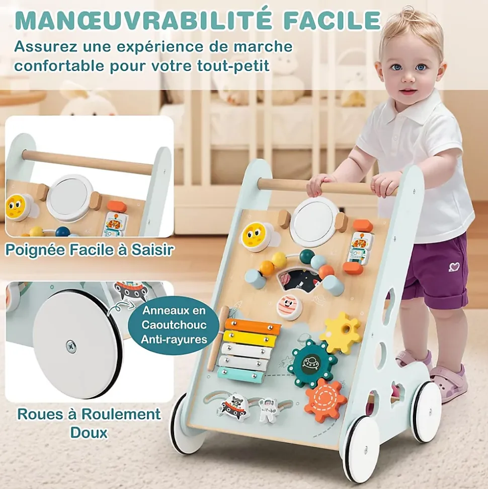 8 en 1 Trotteur Bébé Garçon Fille, Chariot de Marche Bebe Montessori avec Roues, Espace de Rangement, Bleu