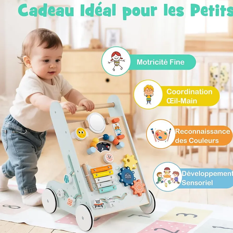 8 en 1 Trotteur Bébé Garçon Fille, Chariot de Marche Bebe Montessori avec Roues, Espace de Rangement, Bleu