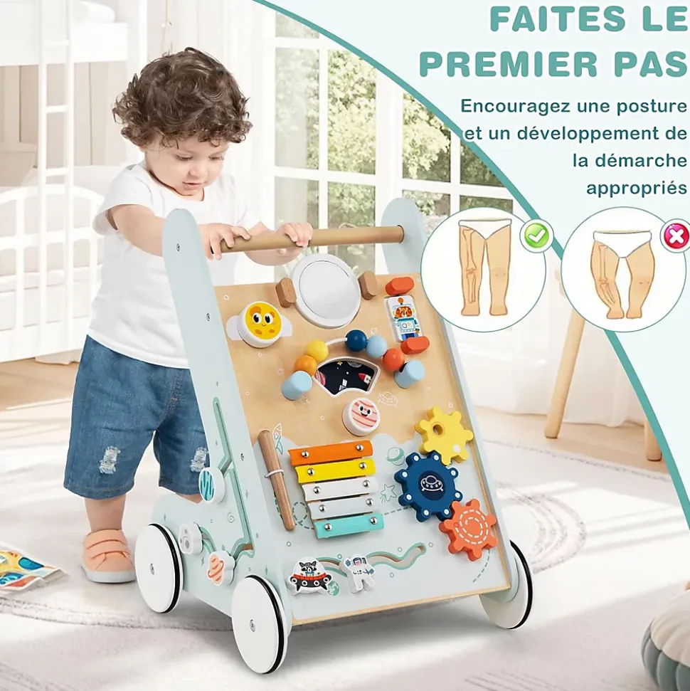 8 en 1 Trotteur Bébé Garçon Fille, Chariot de Marche Bebe Montessori avec Roues, Espace de Rangement, Bleu