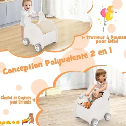 2 en 1 Trotteur Bébé Garçon Fille avec Coffre à Jouets, Chariot de Marche Bebe en HDPE, avec Espace de Rangement