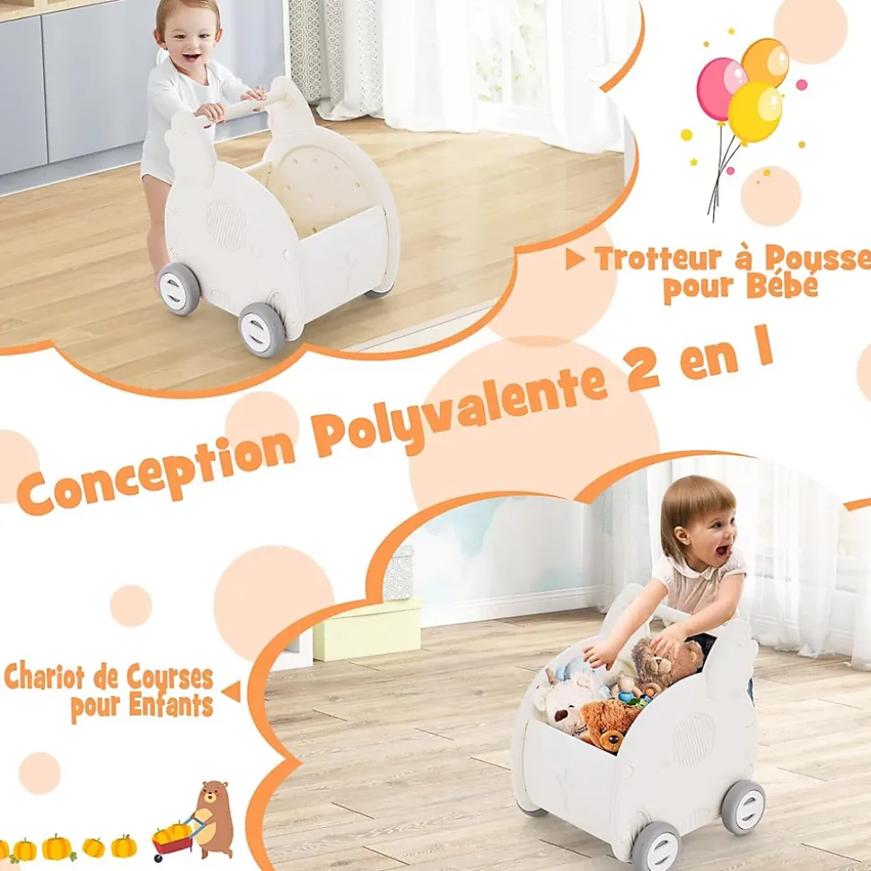 2 en 1 Trotteur Bébé Garçon Fille avec Coffre à Jouets, Chariot de Marche Bebe en HDPE, avec Espace de Rangement