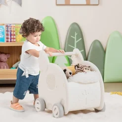 2 en 1 Trotteur Bébé Garçon Fille avec Coffre à Jouets, Chariot de Marche Bebe en HDPE, avec Espace de Rangement