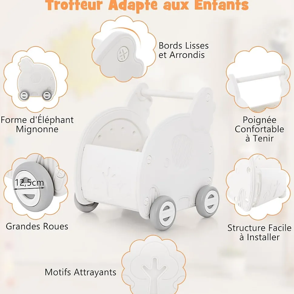 2 en 1 Trotteur Bébé Garçon Fille avec Coffre à Jouets, Chariot de Marche Bebe en HDPE, avec Espace de Rangement