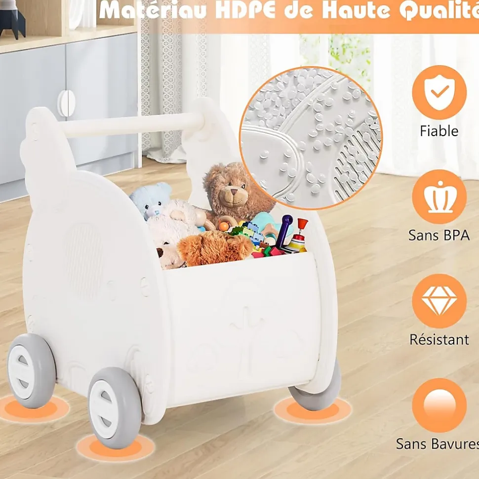 2 en 1 Trotteur Bébé Garçon Fille avec Coffre à Jouets, Chariot de Marche Bebe en HDPE, avec Espace de Rangement
