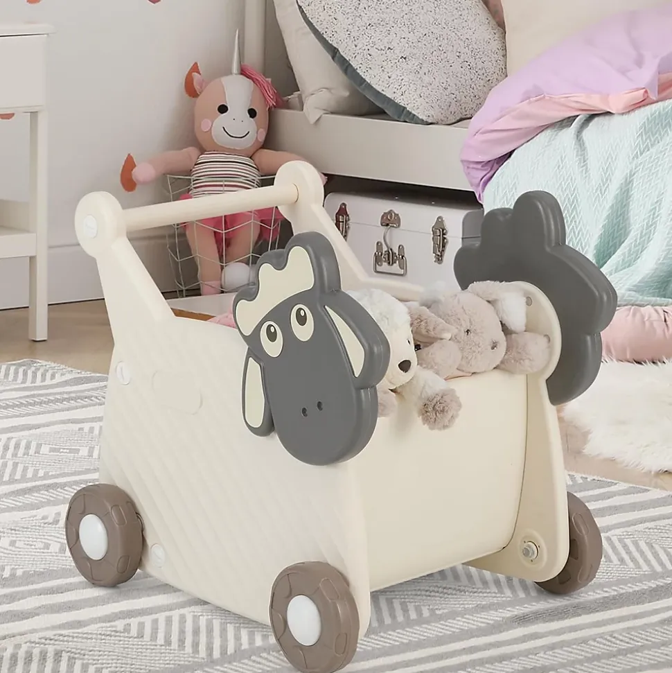 2 en 1 Trotteur Bebe Garcon Fille en Forme de Mouton, Chariot de Marche Bebe en HDPE avec Boîte à Jouets, pour 3+ Ans
