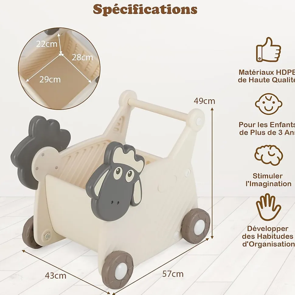 2 en 1 Trotteur Bebe Garcon Fille en Forme de Mouton, Chariot de Marche Bebe en HDPE avec Boîte à Jouets, pour 3+ Ans