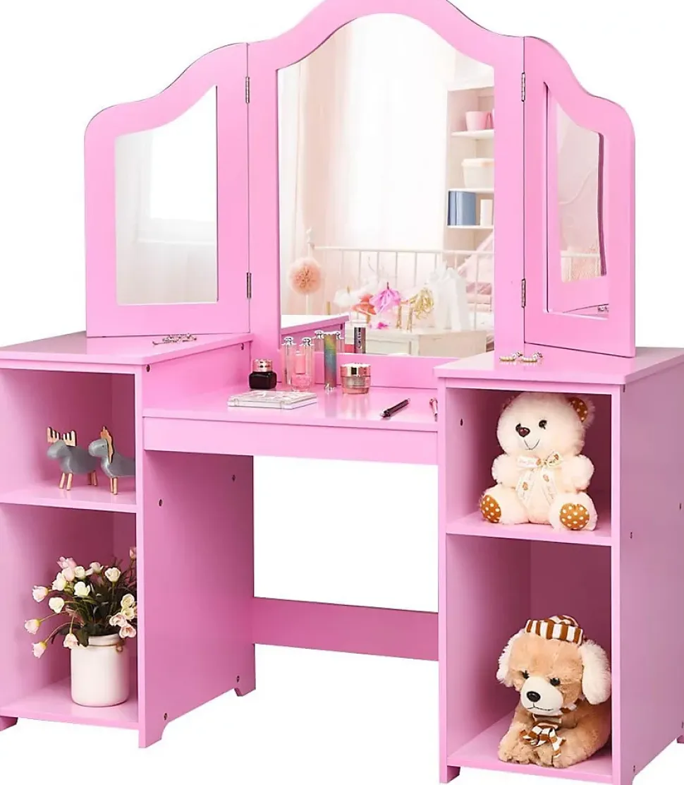2 en 1Coiffeuse Enfants,avec Miroir à 3 Volets Pliable,avec 4 Étagères et 3 Panneaux Plexiglass, 104x40X117CM (Modèle Rose)