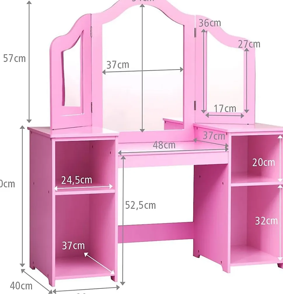 2 en 1Coiffeuse Enfants,avec Miroir à 3 Volets Pliable,avec 4 Étagères et 3 Panneaux Plexiglass, 104x40X117CM (Modèle Rose)