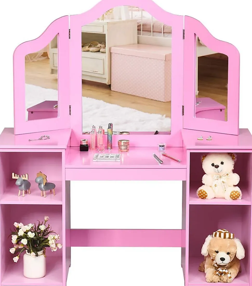 2 en 1Coiffeuse Enfants,avec Miroir à 3 Volets Pliable,avec 4 Étagères et 3 Panneaux Plexiglass, 104x40X117CM (Modèle Rose)