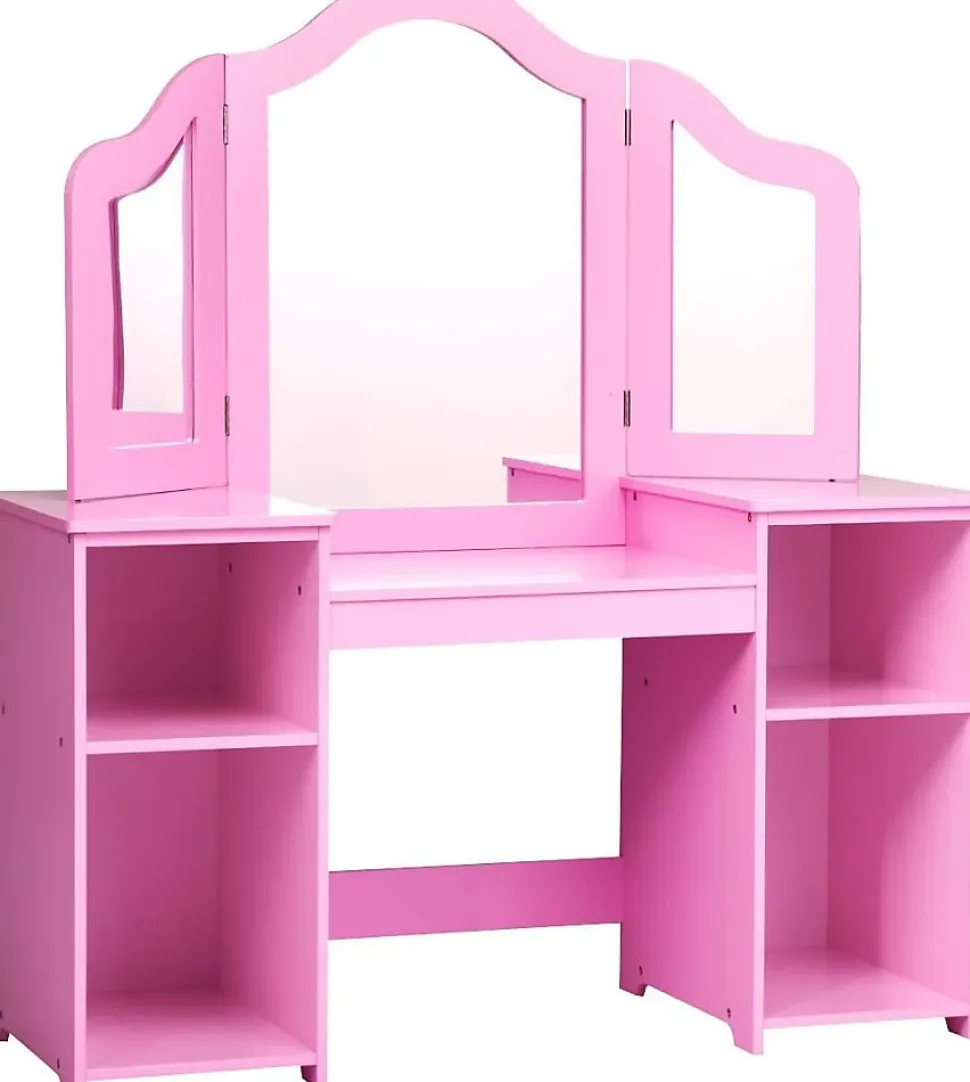 2 en 1Coiffeuse Enfants,avec Miroir à 3 Volets Pliable,avec 4 Étagères et 3 Panneaux Plexiglass, 104x40X117CM (Modèle Rose)