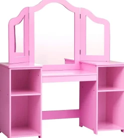 2 en 1Coiffeuse Enfants,avec Miroir à 3 Volets Pliable,avec 4 Étagères et 3 Panneaux Plexiglass, 104x40X117CM (Modèle Rose)