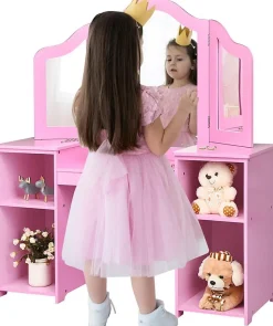 2 en 1Coiffeuse Enfants,avec Miroir à 3 Volets Pliable,avec 4 Étagères et 3 Panneaux Plexiglass, 104x40X117CM (Modèle Rose)