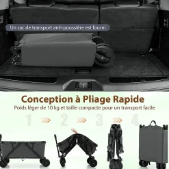 170 L Chariot de Transport Pliable avec Guidon Réglable, Porte-Bouteilles et Poche de Rangement,Pliable,Charge 100KG (Gris)