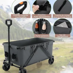 170 L Chariot de Transport Pliable avec Guidon Réglable, Porte-Bouteilles et Poche de Rangement,Pliable,Charge 100KG (Gris)