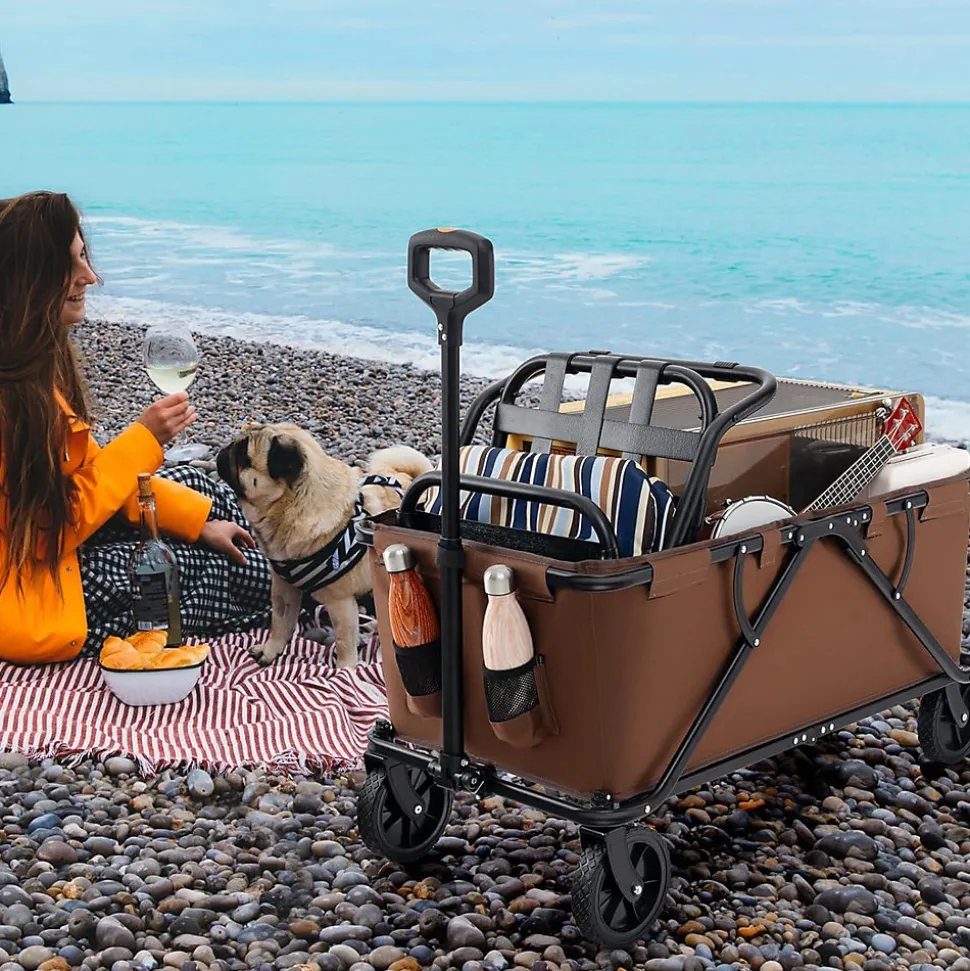 170 L Chariot de Transport Pliable avec Guidon Réglable, Porte-Bouteilles et Poche de Rangement,Pliable,Charge 100KG (Marron)