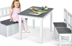 4 Pcs Ensemble de Table Chaises Enfant 2 en 1 Ensemble De Table Activites avec 2 Chaises 1 Banc De Rangemen Gris