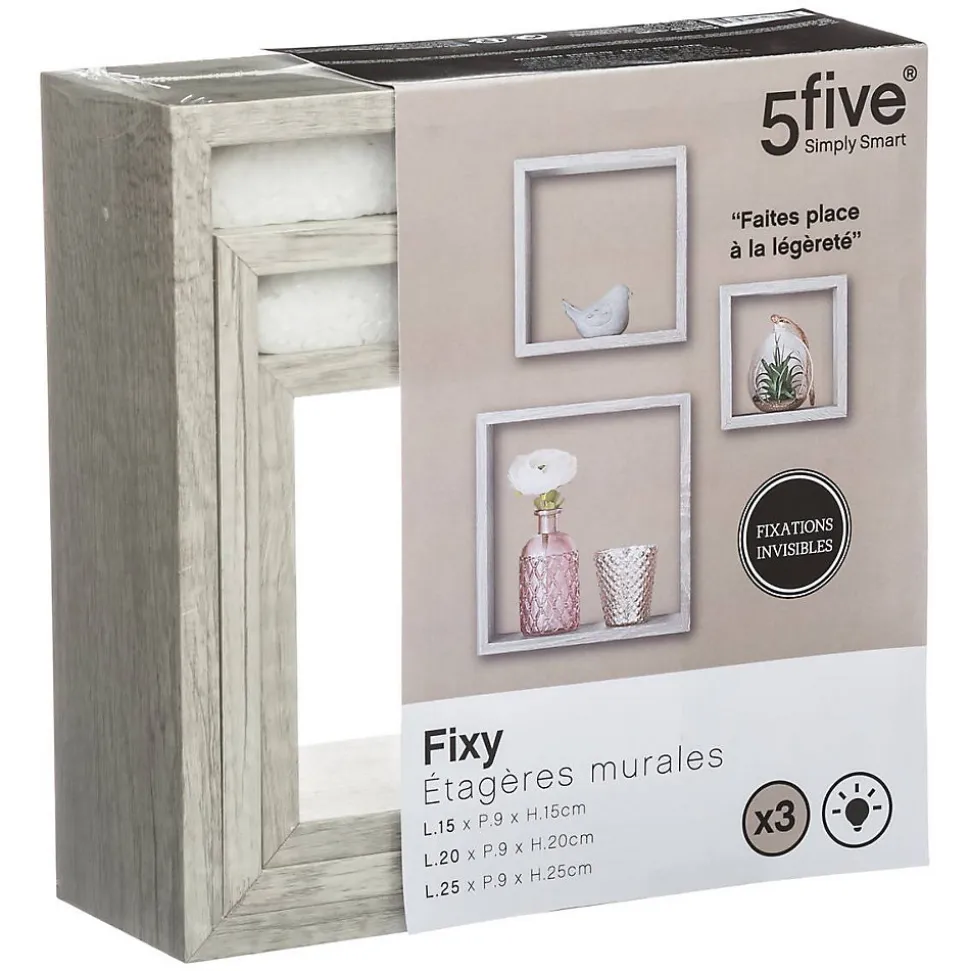 3 petites étagères murales cube Effet chêne gris Fixy - 5Five