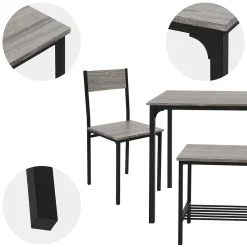 4 Pièces meubles salle à manger cuisine table chaises banc chêne-gris MDF/acier