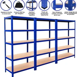3 Rayonnages T-Rax en Acier Sans Boulons Bleus 90cm x 45cm x 180cm
