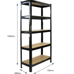 5 Rayonnages T-Rax en Acier Sans Boulons Noirs 75cm x 30cm