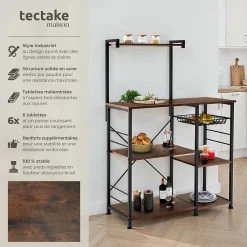 6 Étagères de cuisine style industriel et panier coulissant Bois foncé