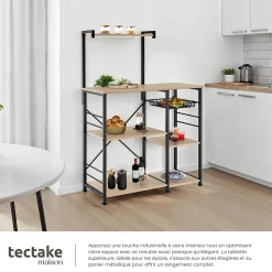 6 Étagères de cuisine style industriel et panier coulissant Bois clair