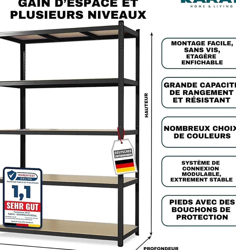 2 X Rayonnages pour charges lourdes, 180 x 90 x 40 cm, Noir, Capacité de charge max : 875 kg
